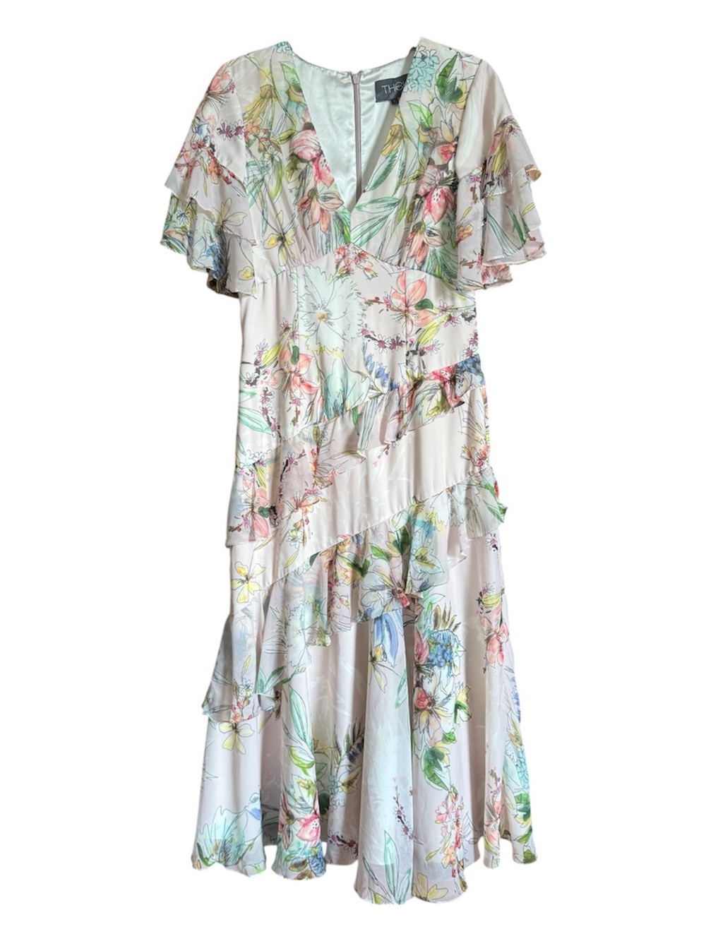 THEIA Floral Chiffon Ruffle Dress Size 8 Wedding Guest Summer